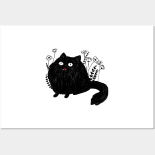 Funny fluffy black cat with flowers Posters and Art